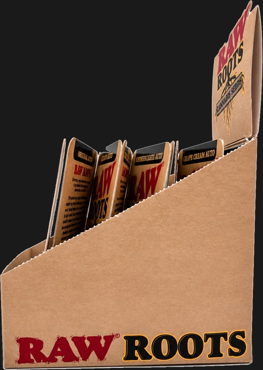 Raw Roots counter display seen from the left side, packs fanned along the stepped tray